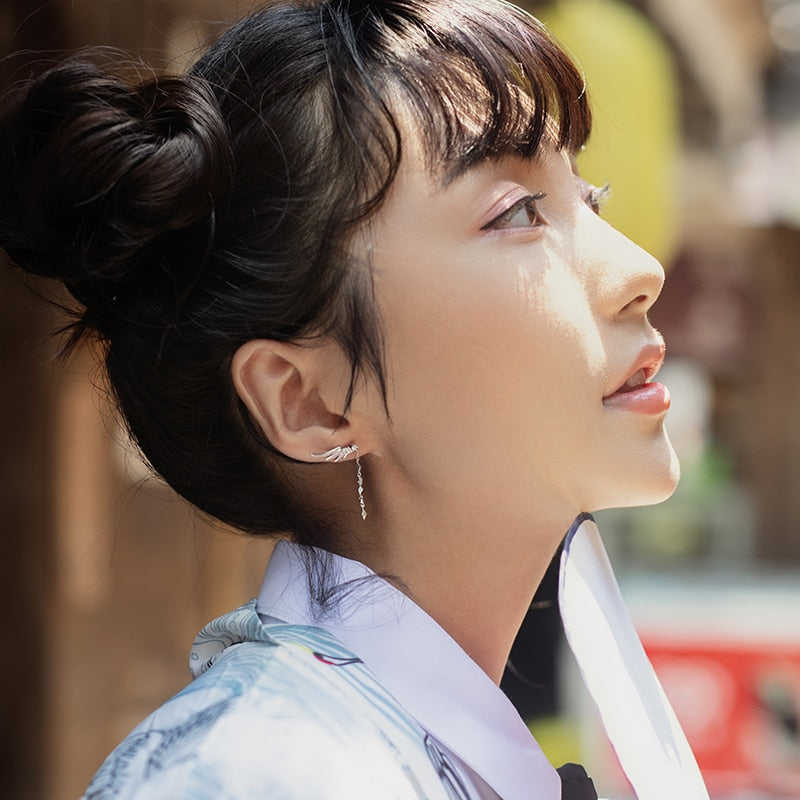 Thaya Tassel Silver Color Earring Dangle Silver Needle Feather Crystal Earring Japanese Stylish Women Earring Party Fine Jewelry