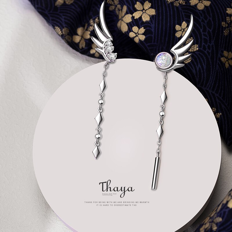 Thaya Tassel Silver Color Earring Dangle Silver Needle Feather Crystal Earring Japanese Stylish Women Earring Party Fine Jewelry