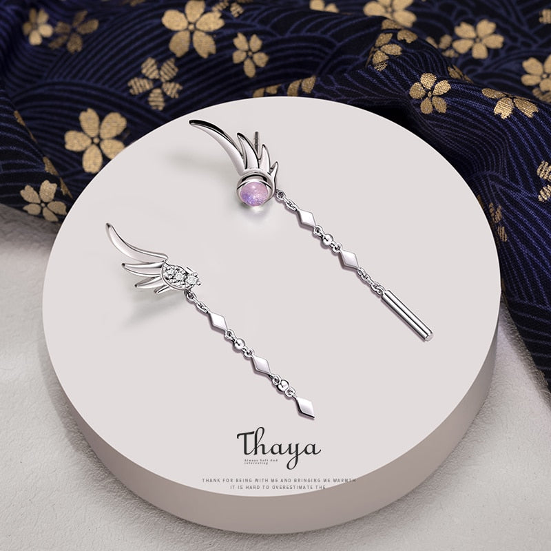 Thaya Tassel Silver Color Earring Dangle Silver Needle Feather Crystal Earring Japanese Stylish Women Earring Party Fine Jewelry