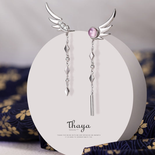 Thaya Tassel Silver Color Earring Dangle Silver Needle Feather Crystal Earring Japanese Stylish Women Earring Party Fine Jewelry